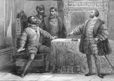 Carlos V of Spain and Francois I of France signing the Treaty of Madrid, 14 January 1526 by Spanish School